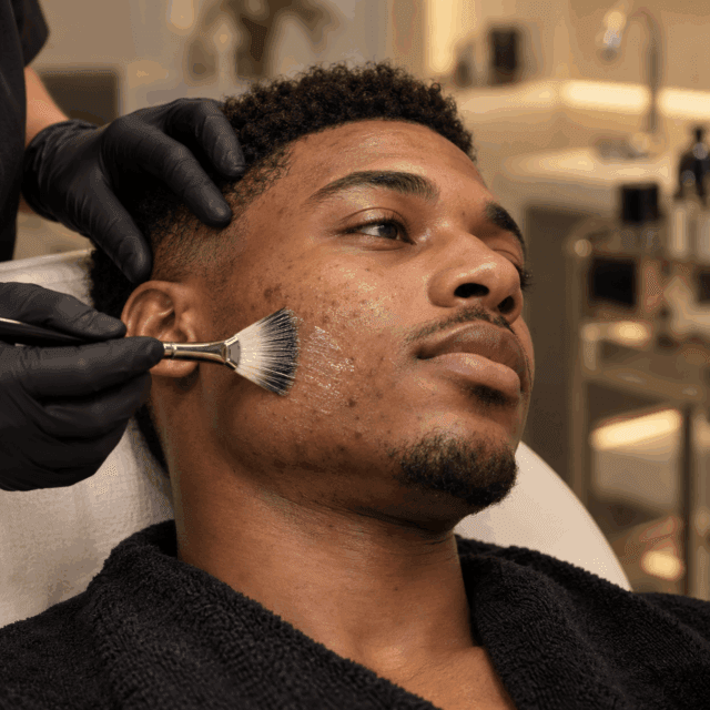 Practitioner applying a professional acne treatment to a man’s cheek