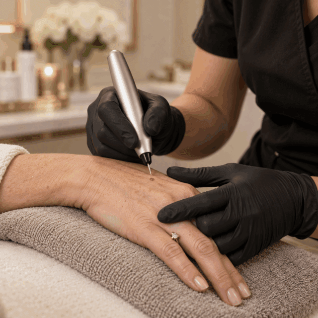 CryoPen treatment being applied to a small skin lesion on the hand