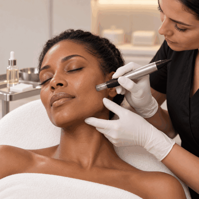 Practitioner performing Dermapen 4 microneedling on a patient’s face