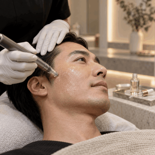 Dermapen 4 microneedling with exosome serum applied to the cheek