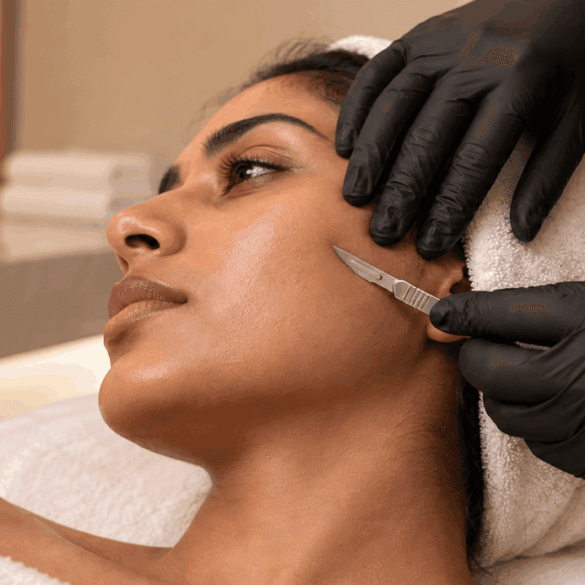 Practitioner performing dermaplaning on a patient’s cheek