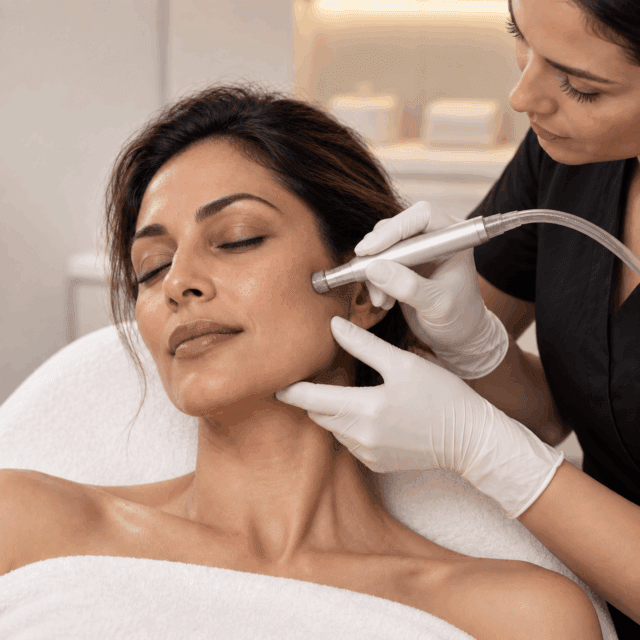 Practitioner performing medical microdermabrasion on a patient’s face