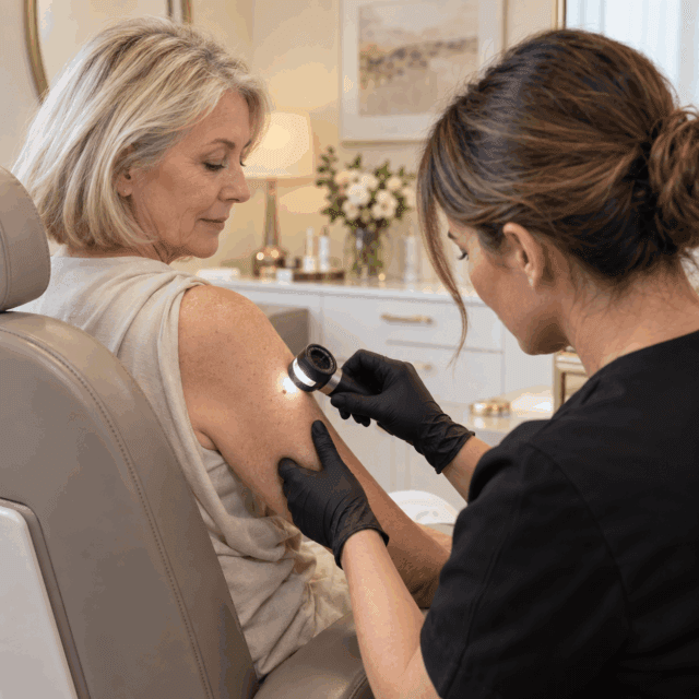 Practitioner examining a mole on the upper arm with a dermatoscope